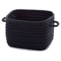 black rope basket with handles on white background