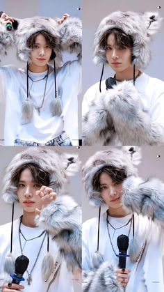 four different pictures of a woman wearing a fur hat and holding a microphone in her hand