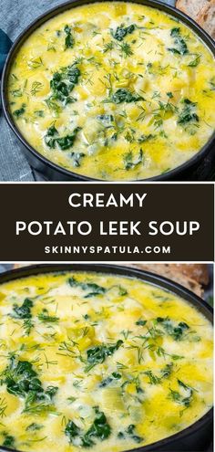 creamy potato leek soup with fresh herbs in a cast iron skillet