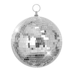 a silver disco ball ornament hanging from a chain on a white background photo