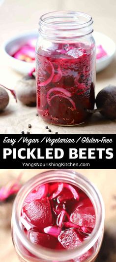 pickled beets in a mason jar with text overlay