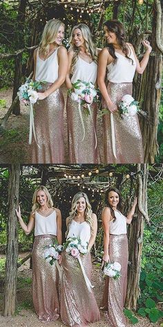 the bridesmaids are posing for pictures in their gold sequin skirts and white dresses