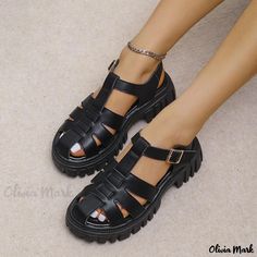 Olivia Mark - Round Toe Hollow Out Platform Sandals with Thick Heel and Wedge Sole Womens Platform Sandals, Chunky Heel Platform Sandals, Tabi Boots, Black Chunky Heels, Womens Chunky Heels, Womens Summer Shoes, Platform Heels Chunky, Buckle Sandals, Cut Out Design