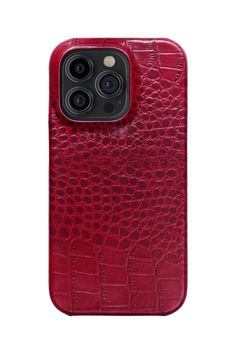 an iphone case in red crocodile leather with two cameras on the front and back side