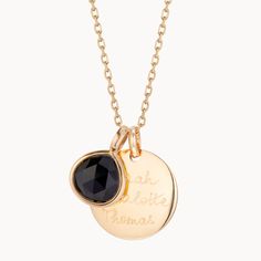 Symbolising strength and support, our semi-precious black onyx gemstone is paired with our signature disc charm, and hand-engraved to create a personalized necklace as unique as you are.Please note that there may be slight variations between each birthstone and gemstone due to its origins.18K Champagne Gold Plated, 925 Sterling Silver or 18K Rose Gold PlatedDisc Charm: 0.7 x 0.7Gemstone: 0.5 x 0.5Secure clasp fasteningCharms are removable from this chain and can be worn on all Merci Maman chain Engraved Round Onyx Jewelry, Minimalist Black Jewelry With Engraving Option, Black Sterling Silver Jewelry With Engraving Option, Engraved Onyx Jewelry As Gift, Engraved Onyx Jewelry For Gifts, Elegant Black Charm Necklace, Black Round Pendant Necklace For Personalized Gift, Elegant Black Necklace For Personalized Gift, Black Charm Necklaces For Gift