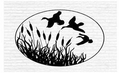 three ducks flying over tall grass in front of a white brick wall with an oval frame