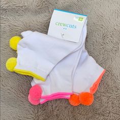 J Crew Cuts Girls 3 Pk Pom Pom Ankle Socks , All White With Bright Orange, Pink, And Yellow Pom Pom’s Cotton/Elastane/Polyamide Mermaid Socks, Sparkle Tights, Girls Ankle Socks, Bobby Socks, Crew Cuts, Girls Socks, Socks And Tights, Pink And Yellow, Girl Falling