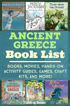 an ancient greek book list with the title, books, movies, hands on activity guides, games, craft kits and more