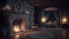 a room with a fireplace and a bed in the middle, surrounded by candles on either side