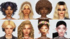 six different types of women's hair for the simsh game, which includes blondes and blue eyes