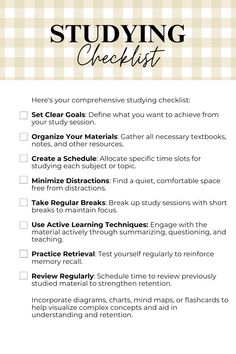 a checklist with the words studying checklist written in black and white on it
