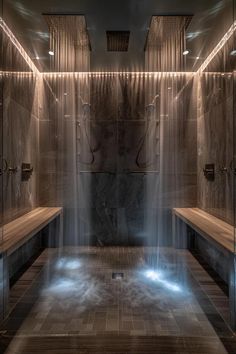 a very nice looking bathroom with some lights on the wall and wooden benches in front of it