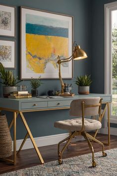 colorful home office desk, neutral home office desk, home office furniture design, ergonomic home office desk Neutral Home Office, Colored Office, Colorful Desk, A Daily Routine, Cabinet Paint Colors, Neutral Home, Home Office Desk