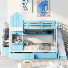 a blue bunk bed sitting next to a white rug