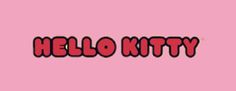 the word hello kitty in red and black on a pink background with an orange cat