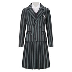 a black and grey striped dress with a white shirt underneath the collared blazer