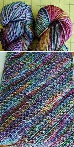 two pictures with yarn and crochet on the same item, one is multicolored