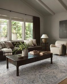 a living room with two couches and a coffee table in front of large windows