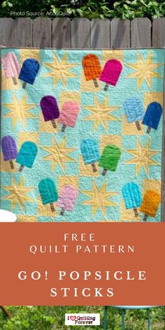 Free Quilt Pattern: GO! Popsicle Sticks Throw Quilt Popsicle Quilt, Summer Quilt Patterns, Quilt Tutorial, Beginner Quilt Patterns, Summer Quilts, Free Quilt Patterns, Free Summer, Free Quilting, Popsicle Sticks