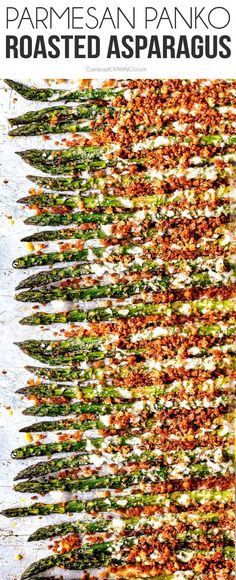 an advertisement for roasted asparagus with the words parmesan panko roasted asparagus