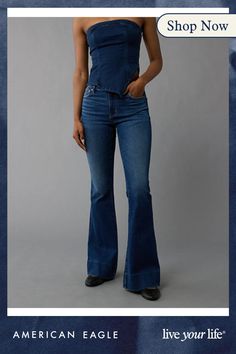 Next Level Stretch/Our softest, stretchiest, never-loses-its-shape denim/Super soft inside and out, comfortable and lightweight/Won't bag out. Ever./Dark wash High Waisted Flare Jeans, Country Concert, Country Concerts, High Waisted Flares, Next Level, Flare Jeans, Women's Jeans, American Eagle Outfitters, American Eagle