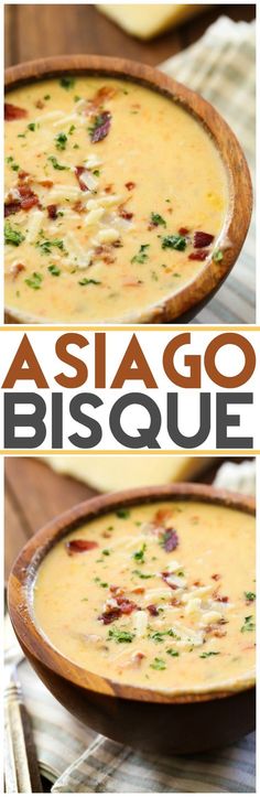 three pictures of different types of casserole with the words asiago bisque