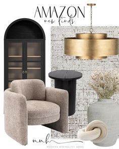 an interior design board with furniture and accessories in shades of gray, gold and white