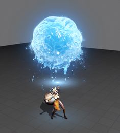 an animated character is standing in front of a blue ball that appears to be melting