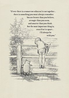 winnie the pooh and piglet looking at each other in front of a fence