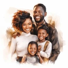 Black Happy Family, Family Illustrations, Watercolor Family, Family Clipart, Happy Black, Family Illustration, Family Print, Watercolor Illustrations, Black Families