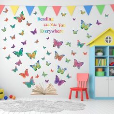 there is a room with many colorful butterflies on the wall and an open book in front of it