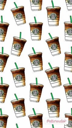 starbucks coffee cups with green straws on white background fabric by pattenloter