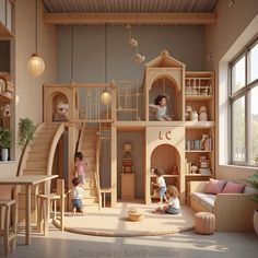 two children playing in a wooden dollhouse with stairs and playrooms on the walls