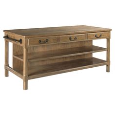 a wooden table with two drawers on one side and an open shelf on the other