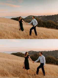 an engaged couple holding hands and walking through tall grass in the mountains at sunset or sunrise