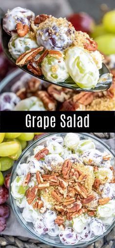 grape salad with pecans and grapes in the background