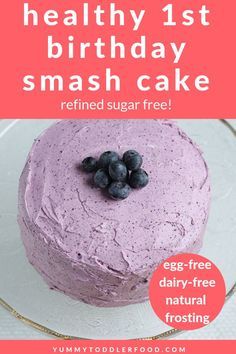 a cake with blueberries on top and the words healthy 1st birthday smash cake behind it