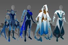 four different types of female armor are shown in this image, one is white and the other is blue