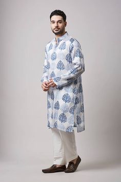 Ivory kurta with hand block print in modal satin base. Paired with a pant. - Aza Fashions White Straight Kurta With Kalamkari Print, Off White Cotton Kurta With Naqshi Detailing, Traditional White Block Print Kurta, Cotton Kurta In Off White With Naqshi Detail, White Cotton Kurta With Ikat Print, White Long Sleeve Block Print Traditional Wear, White Cotton Silk Kurta With Block Print, White Printed Kurta For Navratri, White Sherwani With Printed Motifs, Straight Kurta