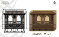 the front and side view of a wooden building