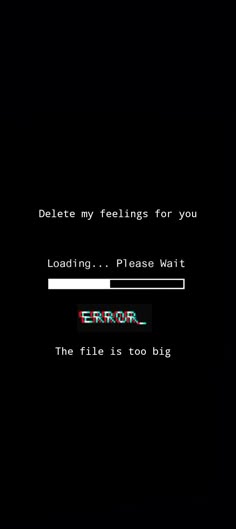 an old computer screen with the text error on it, which reads delete my feelings for you loading please wait the file is too big