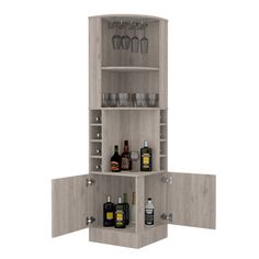 an open cabinet with bottles and glasses on it