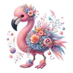 a pink flamingo with flowers and feathers