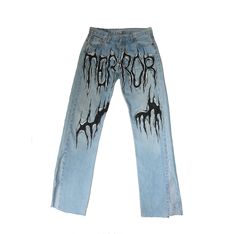 Vintage denim pants are hand painted in acrylics 1/1 Size 28 / men's S / women's M measurements: Waist- 72 cm / 28 inches Hips- 104 cm / 40 inches Inseam - 84 cm / 33 inches Recommended hand wash Drawn On Jeans, Art On Pants, Hand Painted Pants, Painting Pants, Hand Painted Clothes, Rework Clothes, Painted Pants, Graphic Pants, Bleaching Clothes