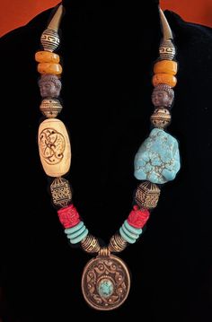 Turquoise Coral Carved Bone Ethnic Tribal Antique Brass Statement Necklace | eBay Artisan Jewelry Necklaces, Carved Bone, Arizona Turquoise, Handcrafted Artisan Jewelry, Bone Carving, Coral Turquoise, Brown Beige, Artisan Jewelry, Antique Brass