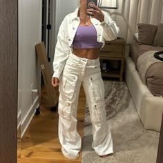 White Denim Crop Jacket Frayed Edge And White Denim Wide Leg Cargo Pants. Brand New With Tag Denim Crop Jacket, White Cargo Pants, Wide Leg Cargo Pants, Denim Set, Denim Wide Leg, Wide Leg Denim, Crop Jacket, White Denim, Cargo Pants