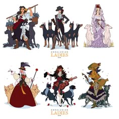 four different types of ladies dressed up in costumes and holding dogs, standing next to each other