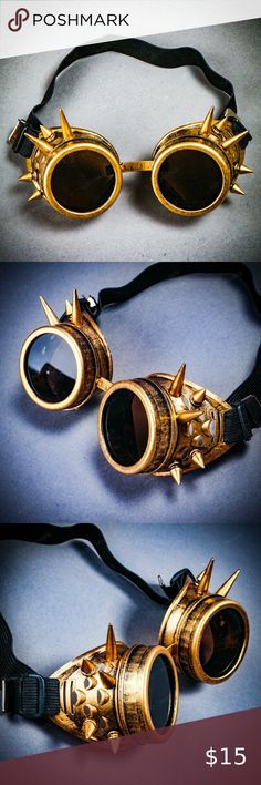 Steampunk Spikes Goggles Victorian Welding Cyber G This black steampunk goggles with spikes is a great costume accessory or cosplay dress up for Halloween party, music festival, ball, wedding, and any cosplay event Specifically designed with the trendy steampunk style for luxury and mysterious look Unique eye-catching costume goggles helping you stand out in the party The item is carefully handmade with durable high-quality material to provide comfortable long hours of wearing @USM-G1006-BKGO IL Steampunk Gold Costume Accessories For Cosplay, Gold Steampunk Costume Accessories For Cosplay, Steampunk Costume Accessories For Cosplay In Gold, Gold Steampunk Costume Accessories For Festival, Adjustable Punk Costume Accessories For Masquerade, Halloween Party Music, Black Steampunk, Steampunk Goggles, Ball Wedding