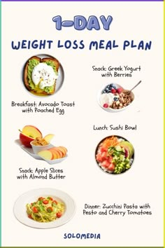 Jumpstart your weight loss journey with this simple 1-day meal plan! Discover balanced, delicious meals designed to keep you satisfied while supporting your weight loss goals. This plan features healthy options for breakfast, lunch, dinner, and snacks, making it easy to stick to your diet and see results. Perfect for a day of clean eating and mindful choices! 🍽️✨📉 #WeightLossMealPlan #HealthyEating #OneDayPlan #CleanEating #QuickWeightLoss #MealPrep #HealthyLifestyle Food Loss Weight Healthy Recipes, Meal Ideas For Calorie Deficit, Non Calorie Foods, Low In Calories Breakfast, Lost Weight Lunch, Least Calorie Foods, Diet Meal Plan Low Calorie, Healthy Foods Low Calorie, Healthy Loss Weight Meals