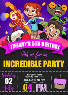 a birthday party with cartoon characters on the front and back of it, including an image of